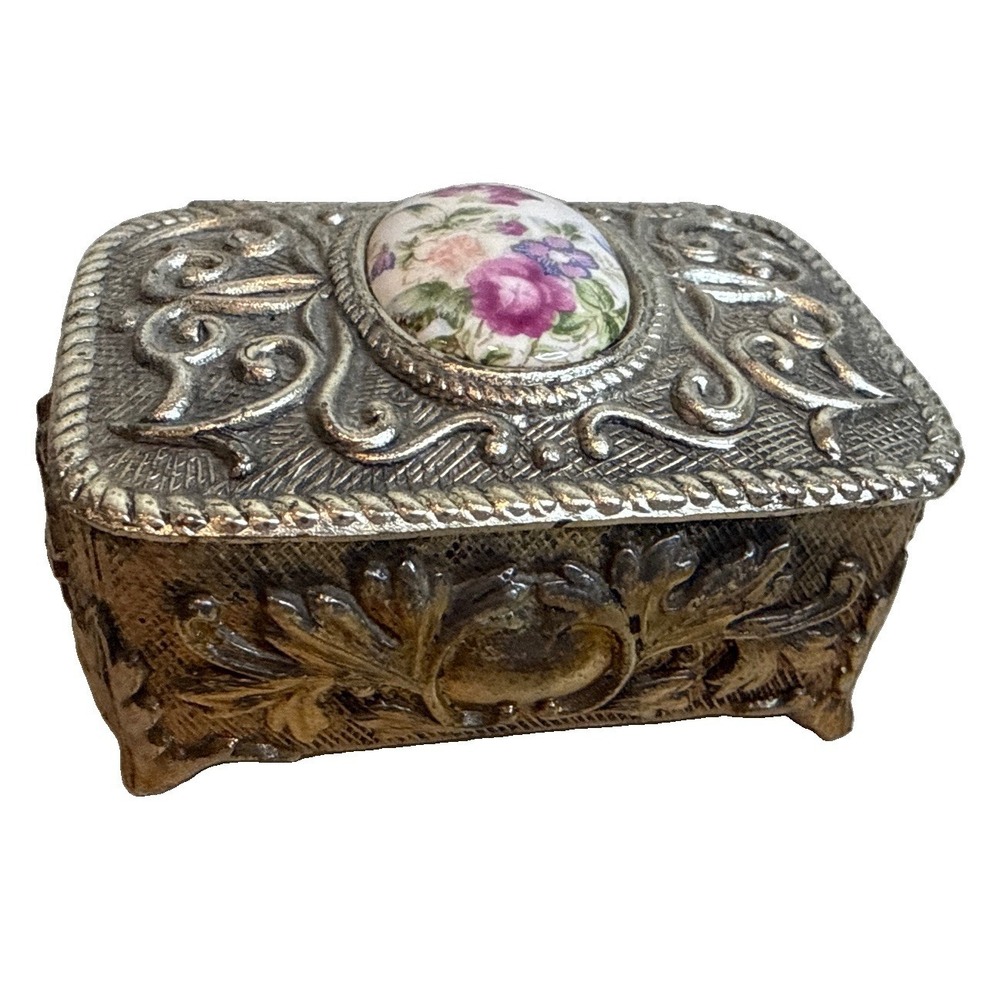 Victorian Style Rose Cameo Vanity Trinket Box Vintage Japan Signed Red Velvet